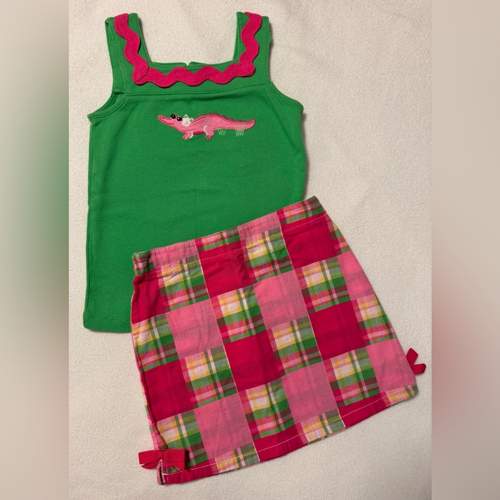 Gymboree Green Alligator Tank Top and Pink Plaid Skirt Set Girls Size 6